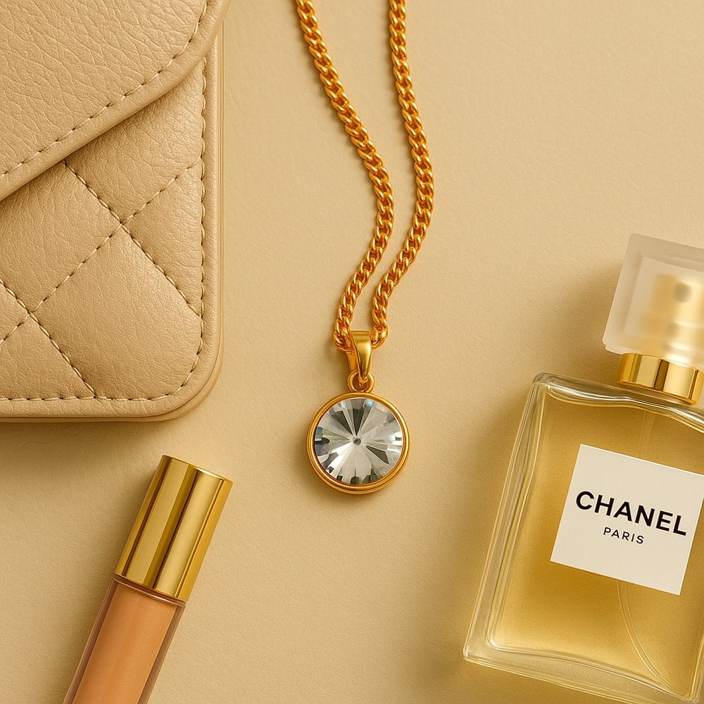 Gold Chain Necklace with Round Faceted Crystal Pendant